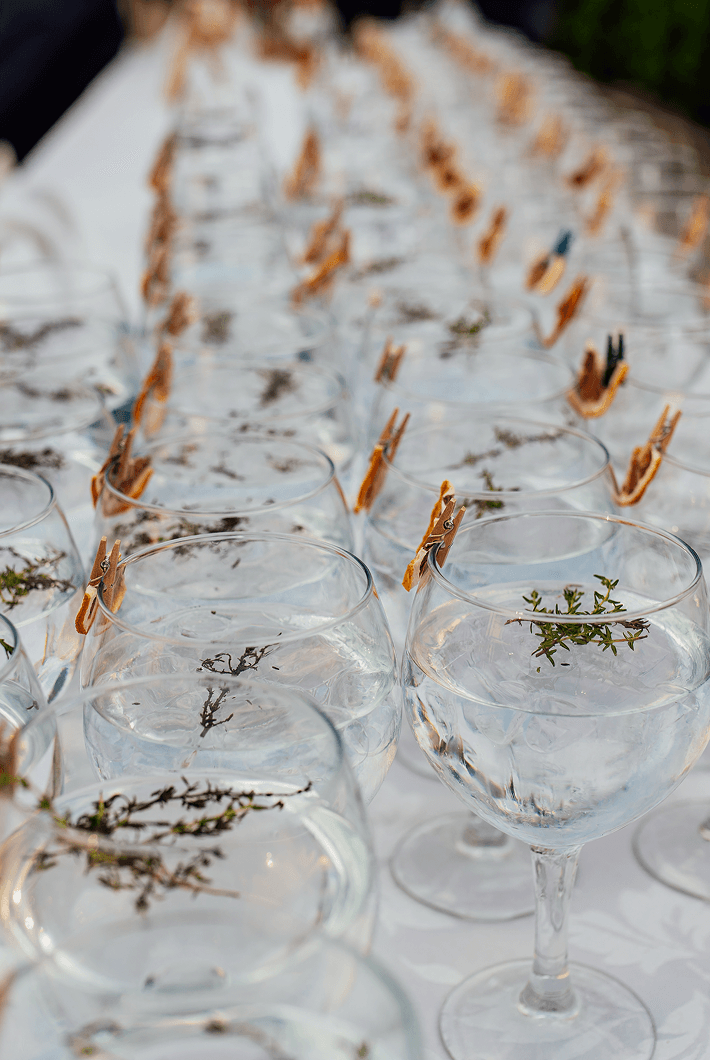 Cocktail glasses arranged for guests