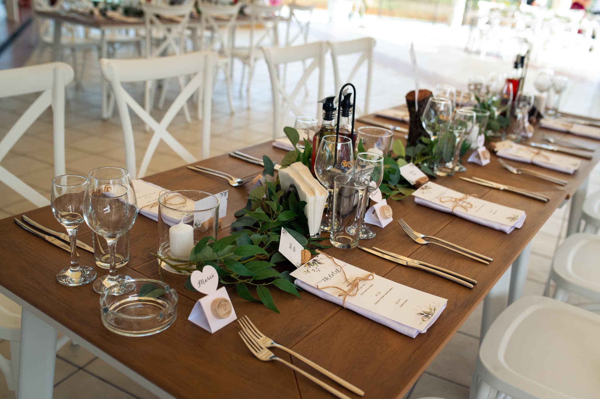 A restaurant table laid for a celebration