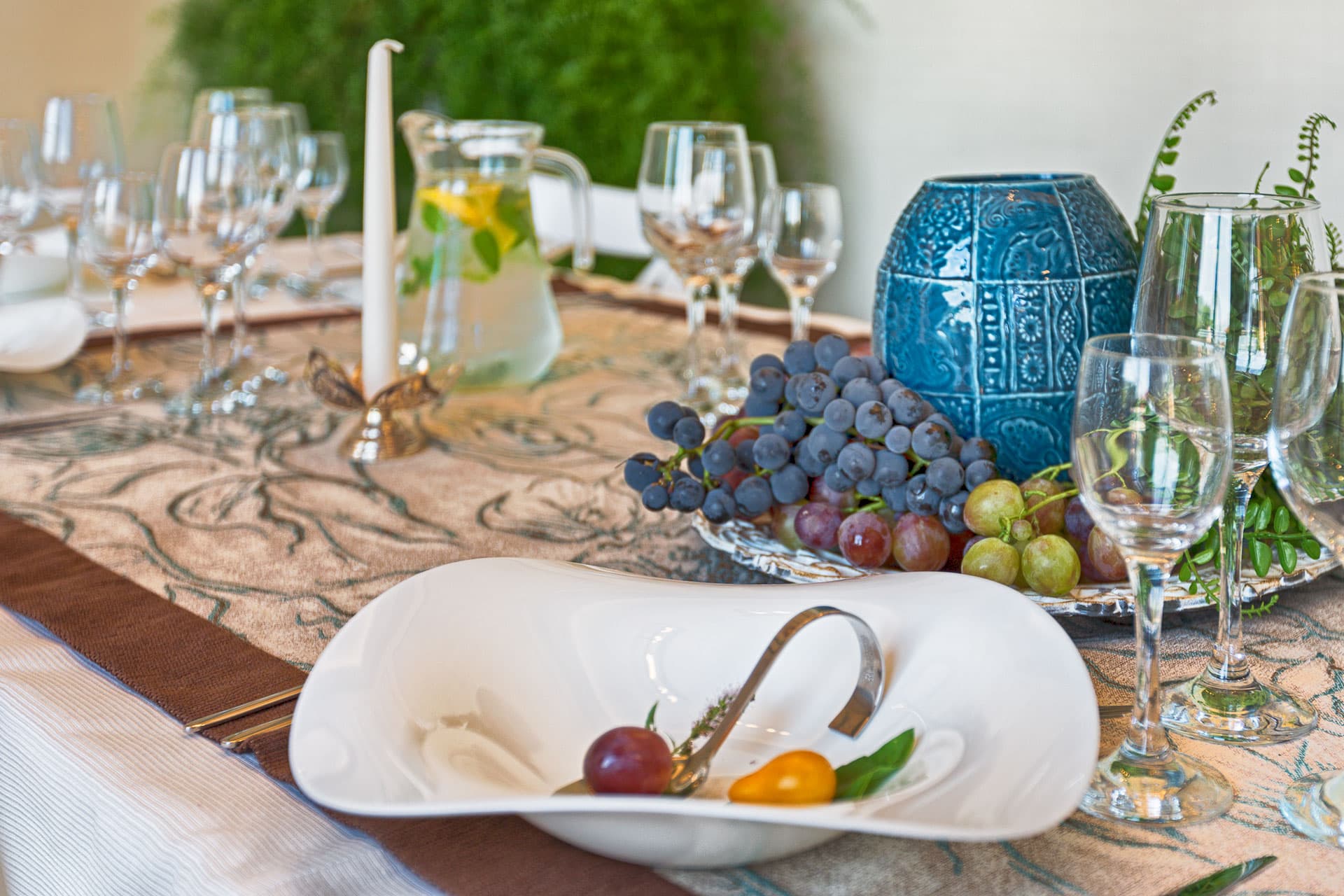 A table laid with glasses and tasting dishes