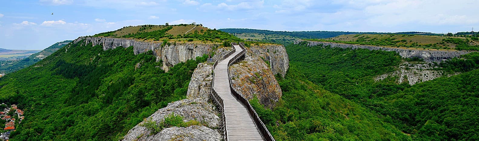 The wooden bridge leading to the Kaleto plateau and Ovech Fortress above Provadia